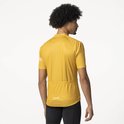 Gele fietstrui met korte mouwen en AGU logo. Drie achterzakken zichtbaar.
