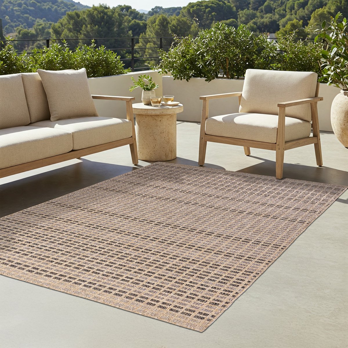 TAPISO Yucana Buitentapijt - Flatweave Vloerkleed Buiten & Binnen - Modern Geometrisch Patroon - Weerbestendig & UV-bestendig - Beige Bruin 200x300