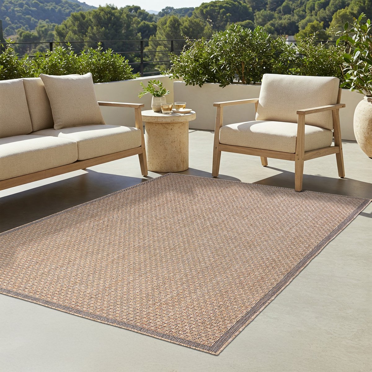 TAPISO Yucana Buitentapijt - Flatweave Vloerkleed Buiten & Binnen - Modern Gemêleerd Design met Frame - Weerbestendig & UV-bestendig - Beige 160x230