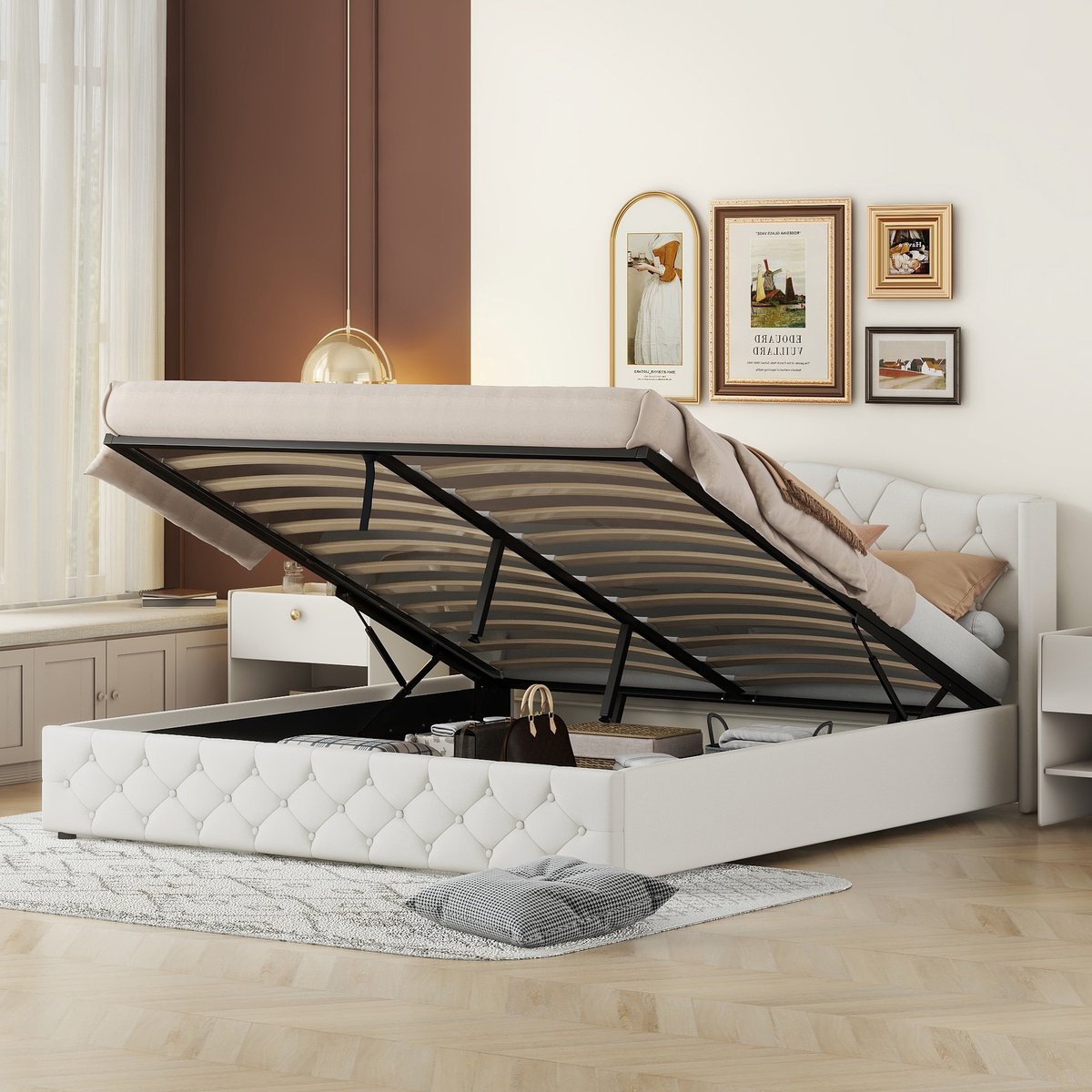 REDOM Luxe Opbergbed met Gasveer (180x200) - Gestoffeerd Tweepersoonsbed in Chesterfield Stijl - Wit