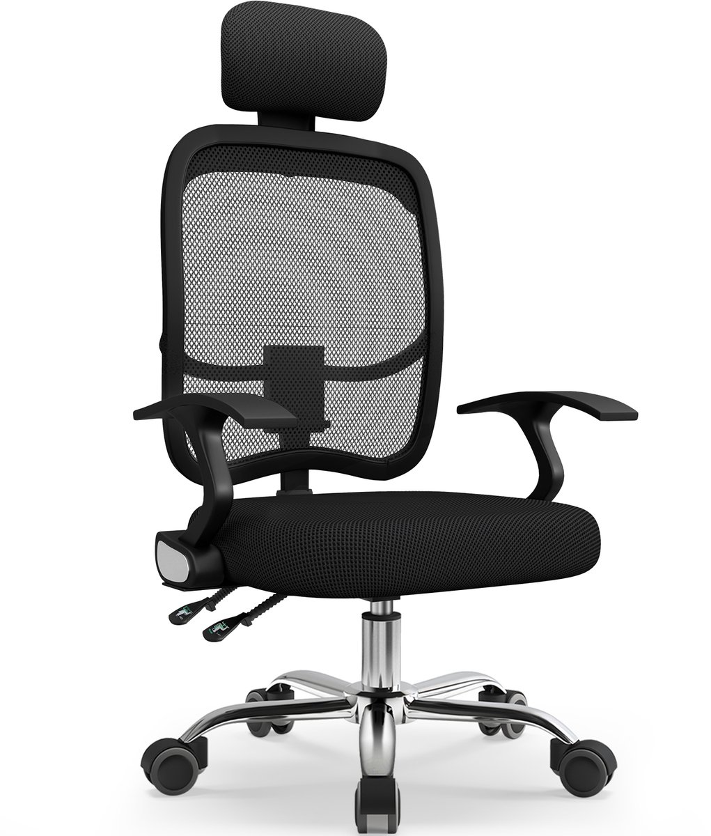 Fukstern bureaustoel-ergonomische bureaustoel voor volwassenen-3D verstelbare brede hoofdsteun-Max. kanteling 135° – Tot 150 kg– Zwart