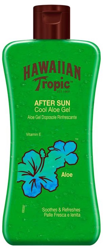 Groene fles Hawaiian Tropic After Sun Cool Aloe Gel met hibiscusbloemen.
