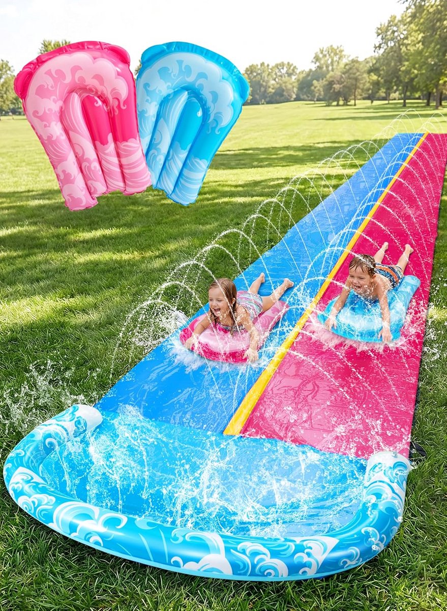 Waterglijbaan Dubbel - Gazon Glijbaan Waterspeelgoed - Zomerplezier - Extra Lang - 990 cm - Blauw Roze