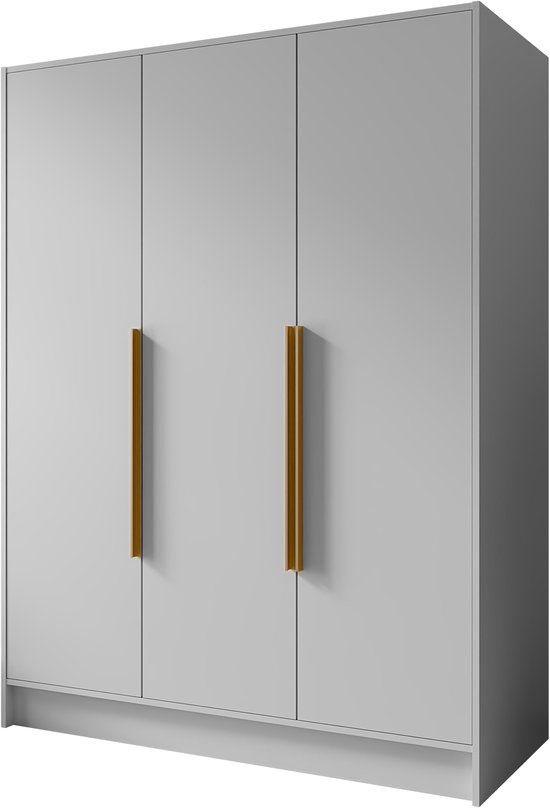Gesloten witte driedeurs kledingkast met gouden handgrepen, geïsoleerd.