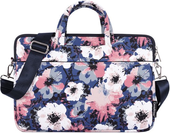 Luxe Laptophoes 13.3 Inch DG - Laptoptas met Schouderriem - Voor Dames & Heren - Laptop Sleeve met Handvat - Indigo Flower