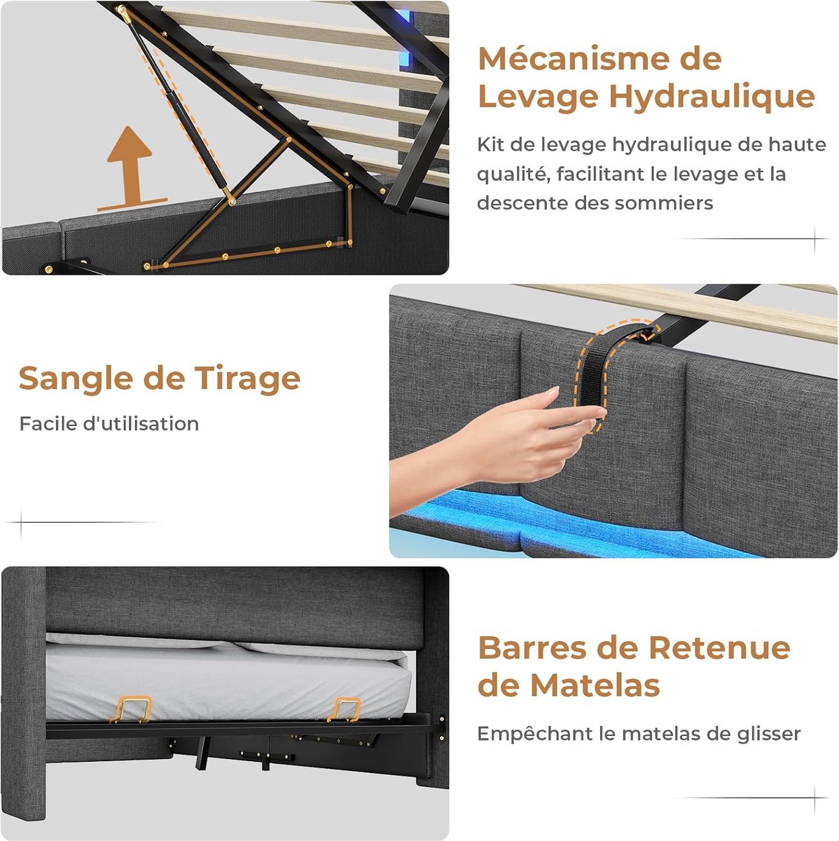 Gestoffeerd Bed 90x200 cm – Casa Serena Urban Smart LED Deluxe – Hydraulisch Opbergbed met Hoofdeinde, USB poorten en LED verlichting – Modern Tienerbed Donkergrijs