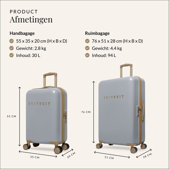 Afmetingen van de handbagage (55 cm) en ruimbagage (76 cm) koffers in grijs met goud.