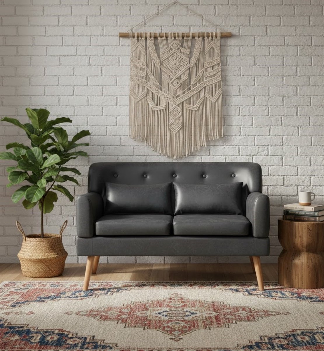 CozyLuxe 2-zitsbank – Kleine moderne loveseat met houten poten, PU-leder, ergonomische rugleuning, ideaal voor woonkamer, slaapkamer, kantoor en kleine ruimtes – Zwart House&Garden