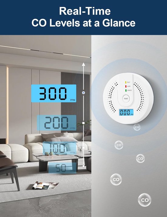 Witte koolmonoxidemelder met digitaal display dat 300 ppm aangeeft, met lampjes voor storing, alarm en werking.