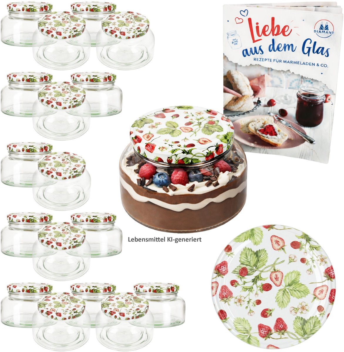 18-delige set yoghurtpot 435ml TO 82 Wald-Erdbeeren deksel incl. receptenboekje