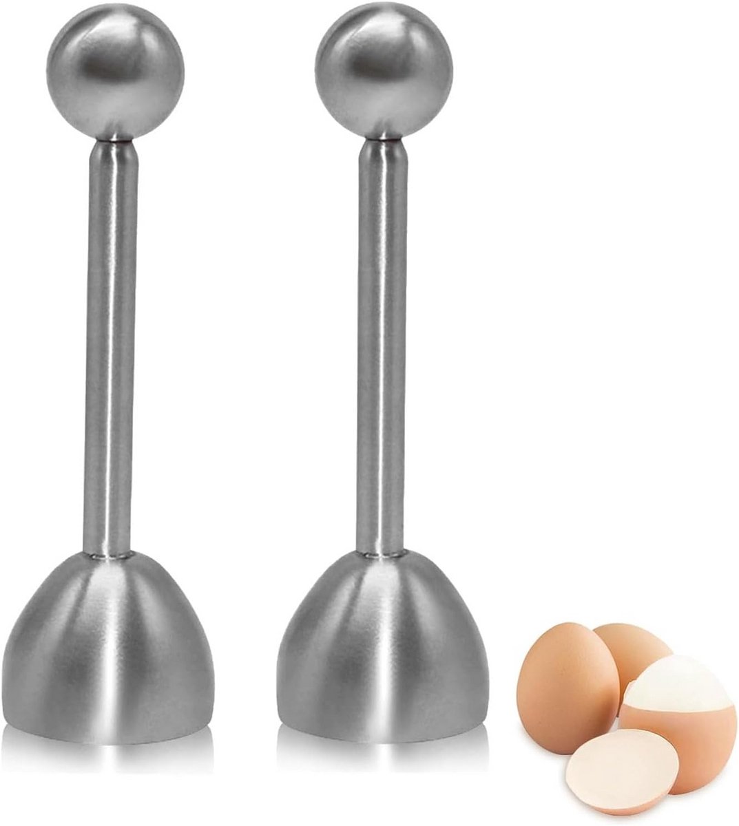 Twee eieropeners van roestvrij staal voor het snijden van eieren, zowel zachtgekookte als hardgekookte eieren en rauwe eieren. Zilverkleurig.