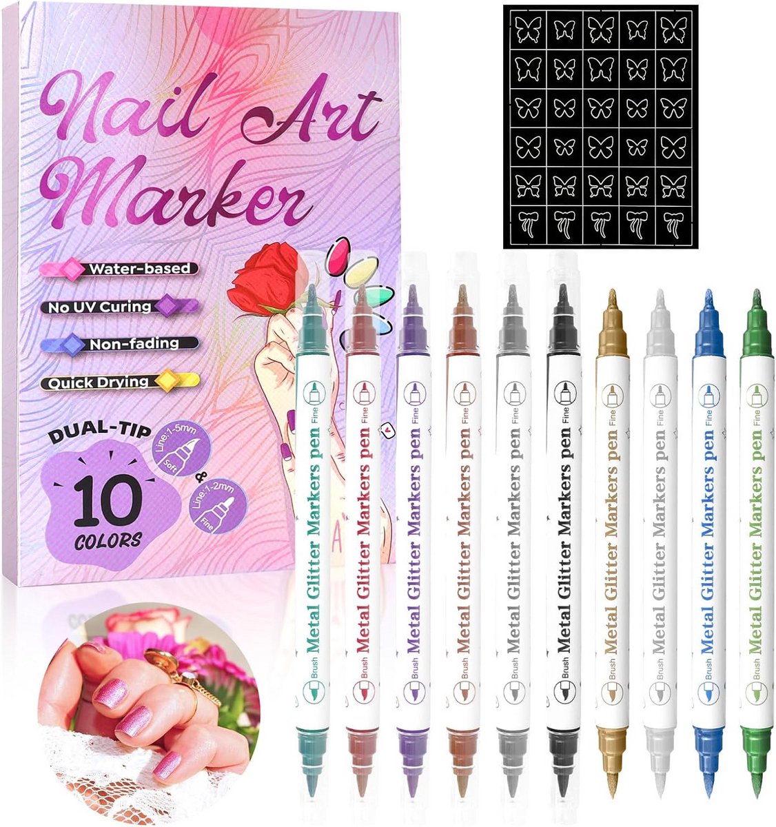 Nail Art Pennen Set 10 Kleuren Dual Tip voor Nagelontwerp en Stencils