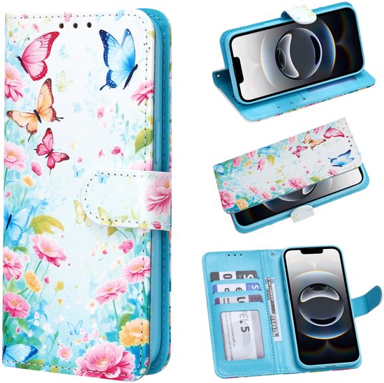 Montage d'un étui de téléphone avec des papillons et des fleurs, ouvert et fermé, avec un téléphone.
