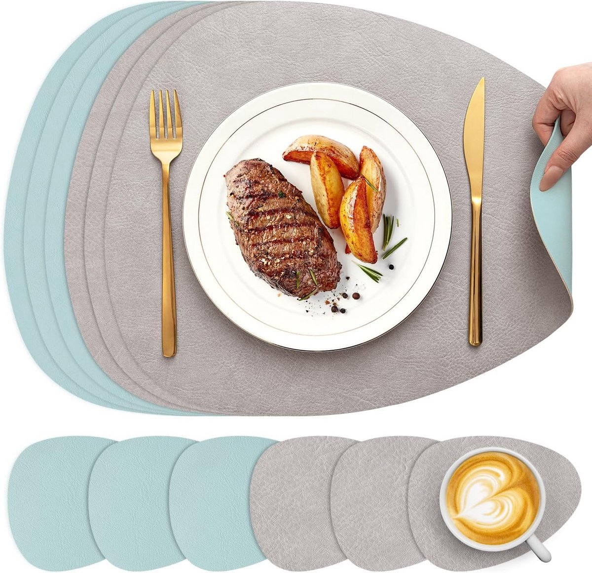 Set van 6 Wasbare, Dubbelzijdige Kunstleren Placemats Antislip en Vlekbestendig