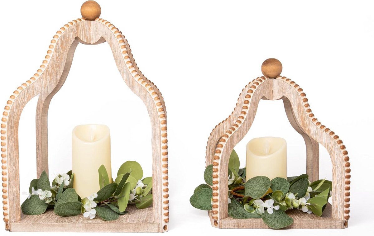Rustieke Houten Lantaarns Decoratie Set van 2 met LED Verlichting en Slinger