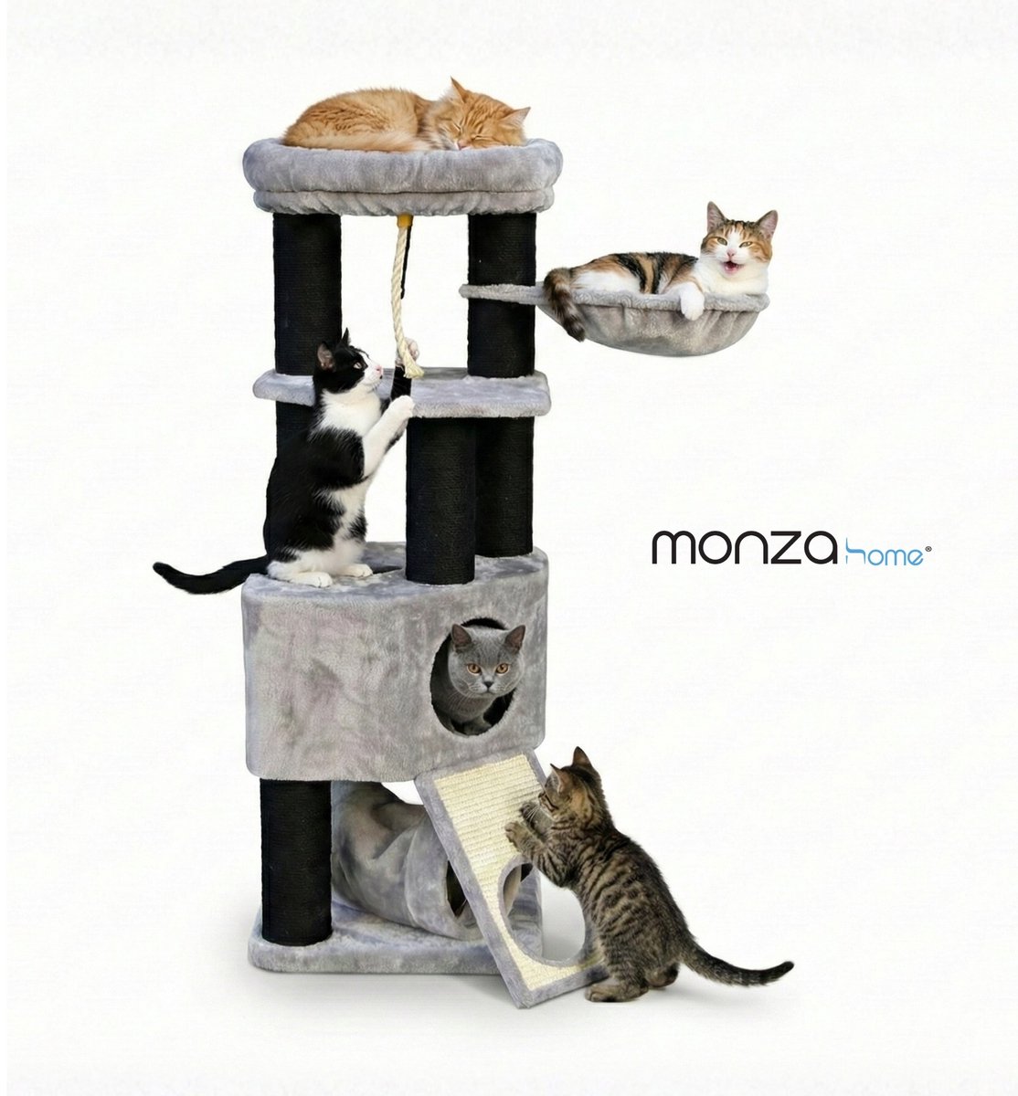 Monza Home® Krabpaal XL – Kattenspeelgoed – Kattenhuis met Hangmat, Hol, Tunnel en Krabplank – Grijs/Zwart