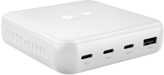 Wit rechthoekig oplaadstation met drie USB-C poorten en één USB-A poort.