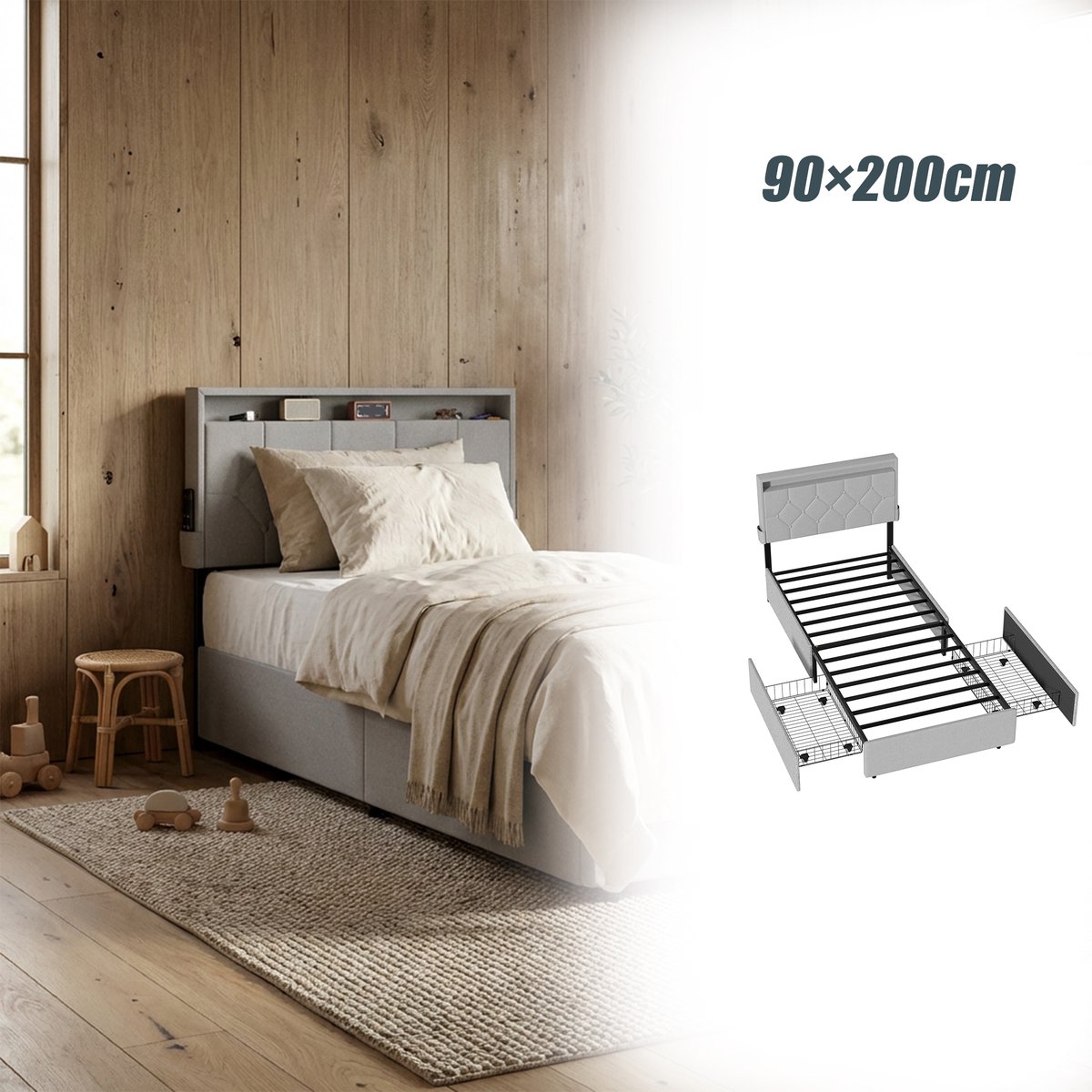 Aufun Gestoffeerd Bedframe Met Lades - 90×200 cm Lichtgrijs - Linnen Stof - Voorzien Van Lades Voor Handige Opbergruimte En Hoge Functionaliteit.