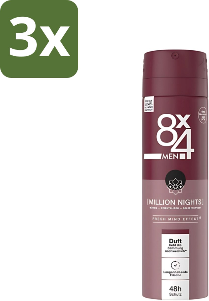 8 x 4 Deospray Men - No.18 Millions Nights - Deodorant - Voor Heren - 150 ml - Bulkverpakking - 3 stuks