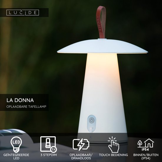 Lucide LA DONNA - Oplaadbare Tafellamp Binnen/Buiten - Accu/Batterij - Ø 19,7 cm - LED 3 StepDim - 1 × 2W 2700K - IP54 - Wit