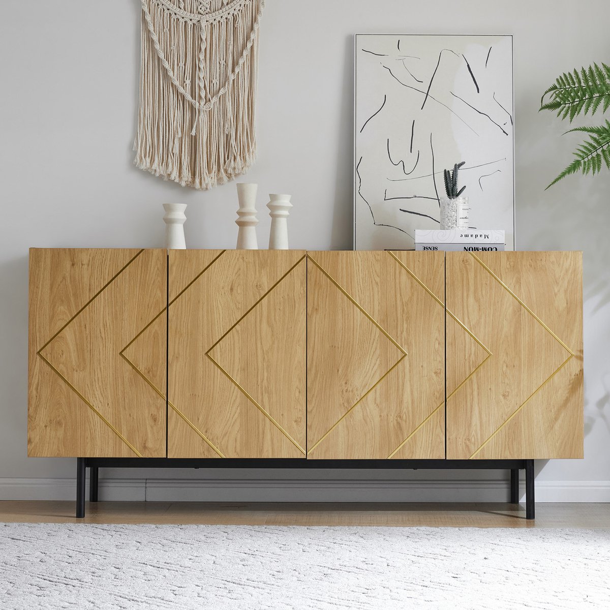 MODFU Opbergkast 160x40x78 cm van spaanplaat, met 4 deuren en verstelbare planken, naturel