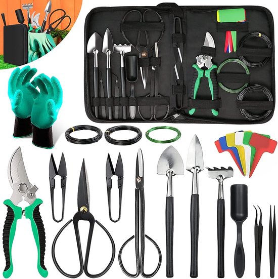 Bonsaigereedschapset - Deze 24-delige bonsaigereedschapset, geschikt voor beginners, bevat onder andere snoeischaar en andere scharen en is een essentieel hulpmiddel voor beginners in het snoeien en onderhouden van bonsai.