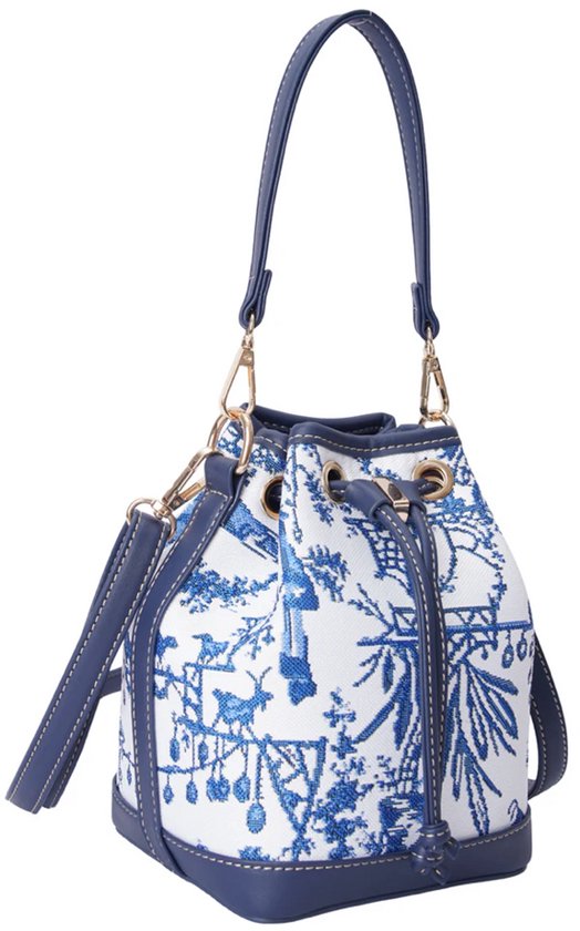 Donkerblauwe emmer tas met wit canvas en blauw Chinoiserie patroon. Goudkleurige hardware.