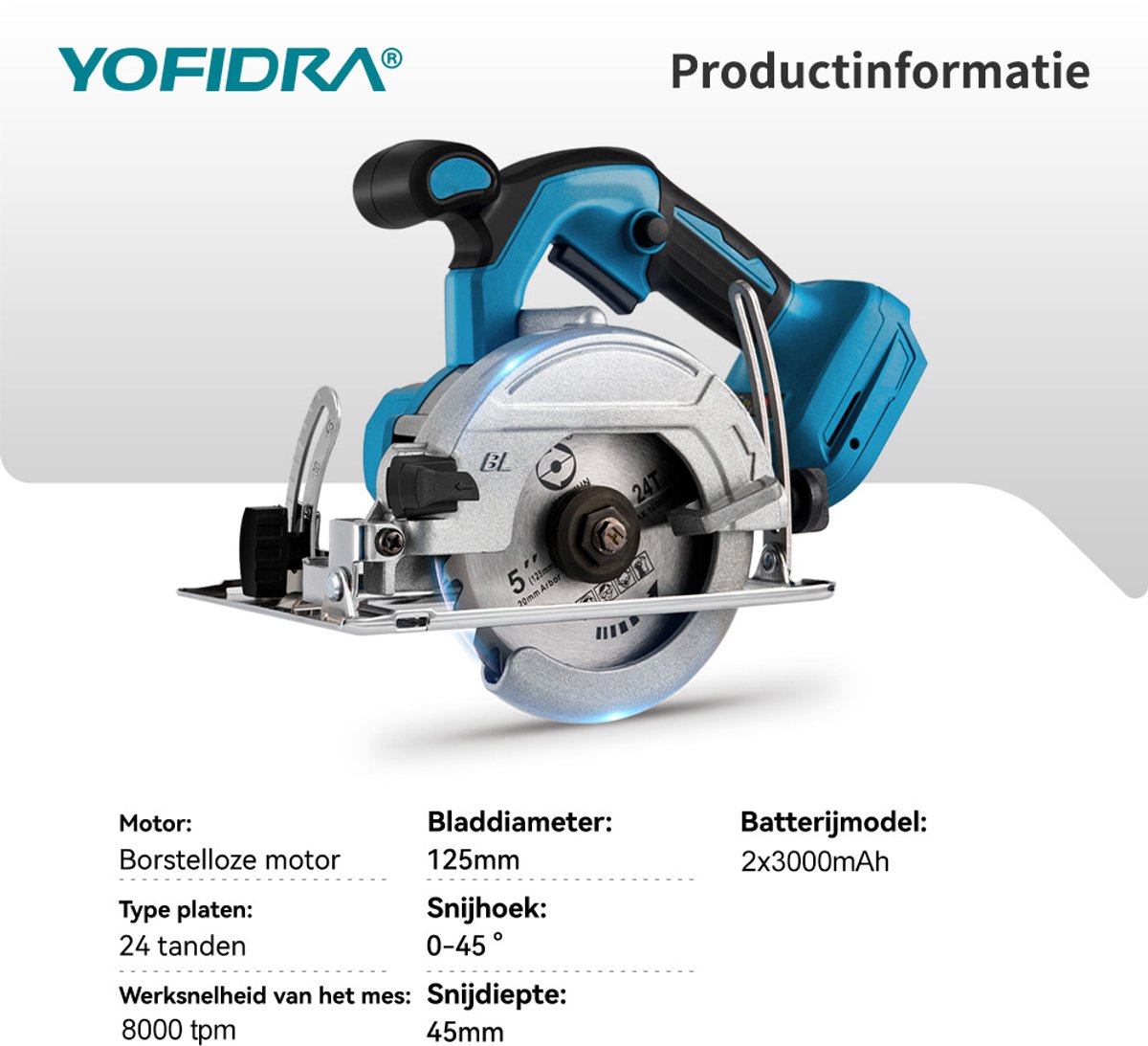 Yofidra Accu Cirkelzaag - 125 mm Borstelloze Cirkelzaag - met 2 Accu's & 3 zaagbladen - Accucirkelzaag - voor het zagen van tegels en hout – foto 2