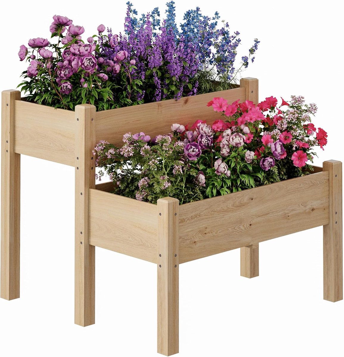 HoerFuriy Plantenbak - Houten Kweekbak op Poten - 2 Niveaus - Moestuinbak - 84x84x74 cm - Dennenhout - Voor Kruiden & Groenten - Kleur hout