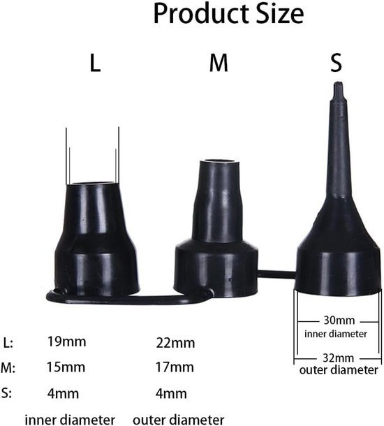 Zwarte vervangende mondstukken voor luchtpomp, plastic mondstukken, 3 maten opblaaspompkoppen, adapter voor luchtpomp, gedeeltelijk opblaasbaar luchtmatras, matrasaccessoires — afbeelding 4