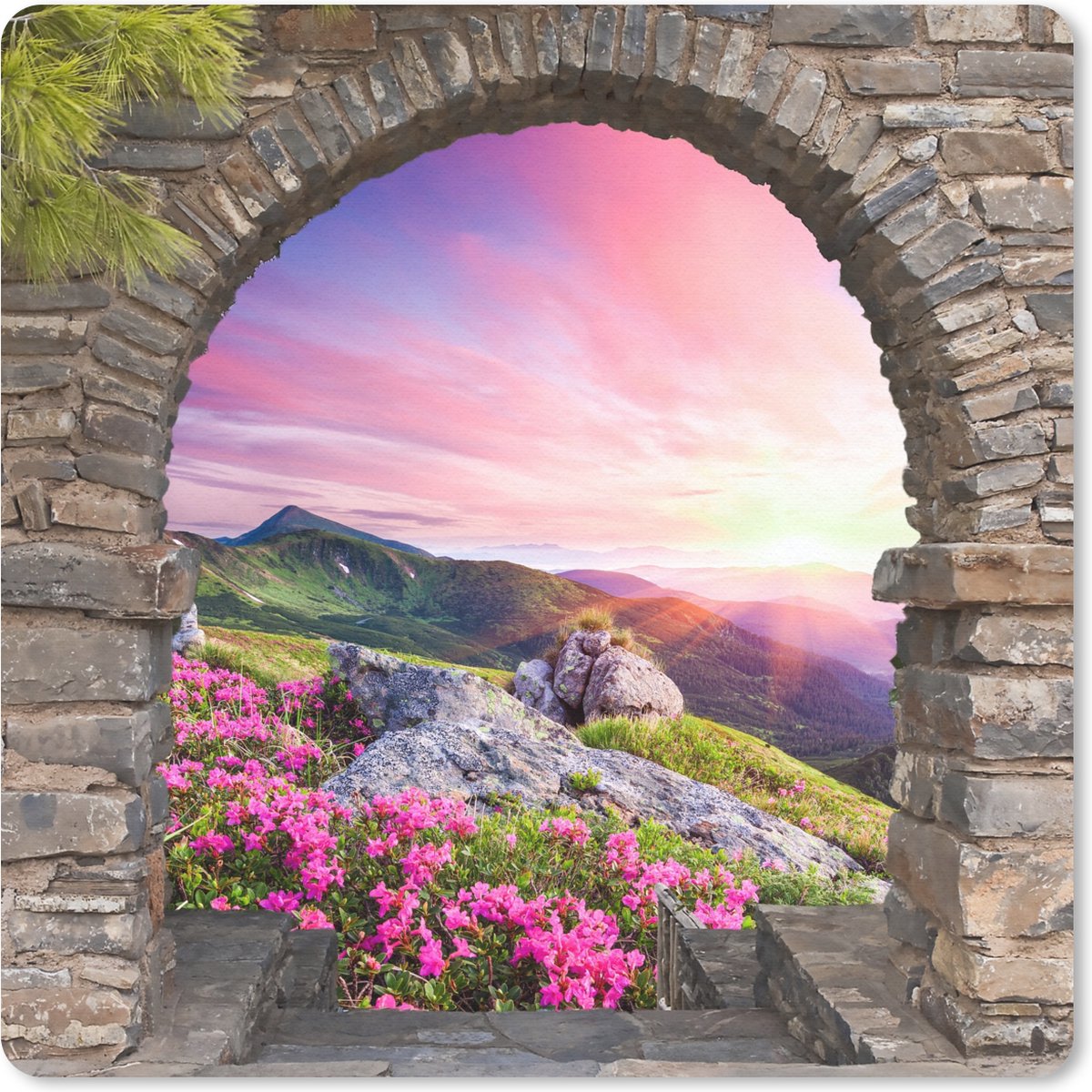 Muismat 20x20 cm - Mousepad Landschap - Doorkijk - Bloemen - Berg - Muismatten