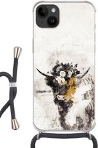 Geschikt voorApple Iphone 14 Plus - Crossbody Case - Schotse hooglander - Verf - Bloemen - Siliconen - Crossbody - Backcover met Koord - Telefoonhoesje met koord - Hoesje met touw