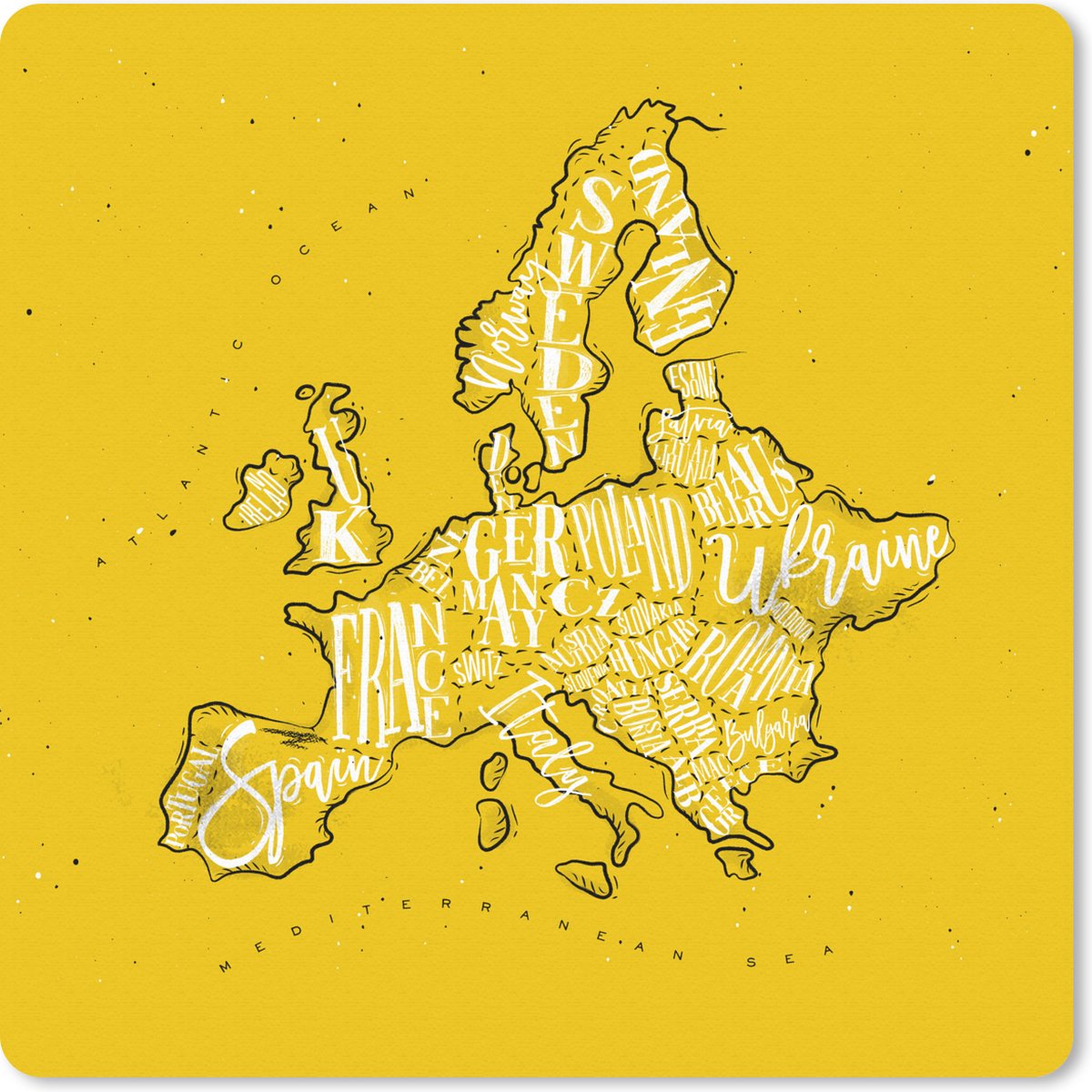 Muismat 30x30 cm - Mousepad Kaart - Europa - Geel - Wit - Muismatten