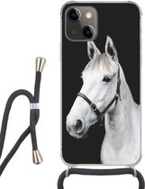 Hoesje met koord Geschikt voor iPhone 13 - Paard - Halster - Wit - Siliconen - Crossbody - Backcover met Koord - Telefoonhoesje met koord - Hoesje met touw