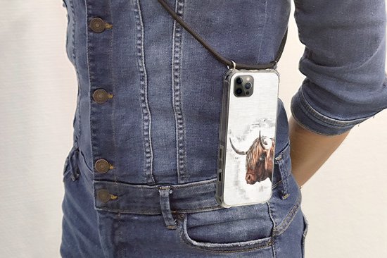 Coque avec cordon iPhone 13 Pro - Highlander écossais - Animaux - Papier journal - Siliconen - Bandoulière - Coque arrière avec cordon - Coque pour téléphone avec cordon - Coque avec corde