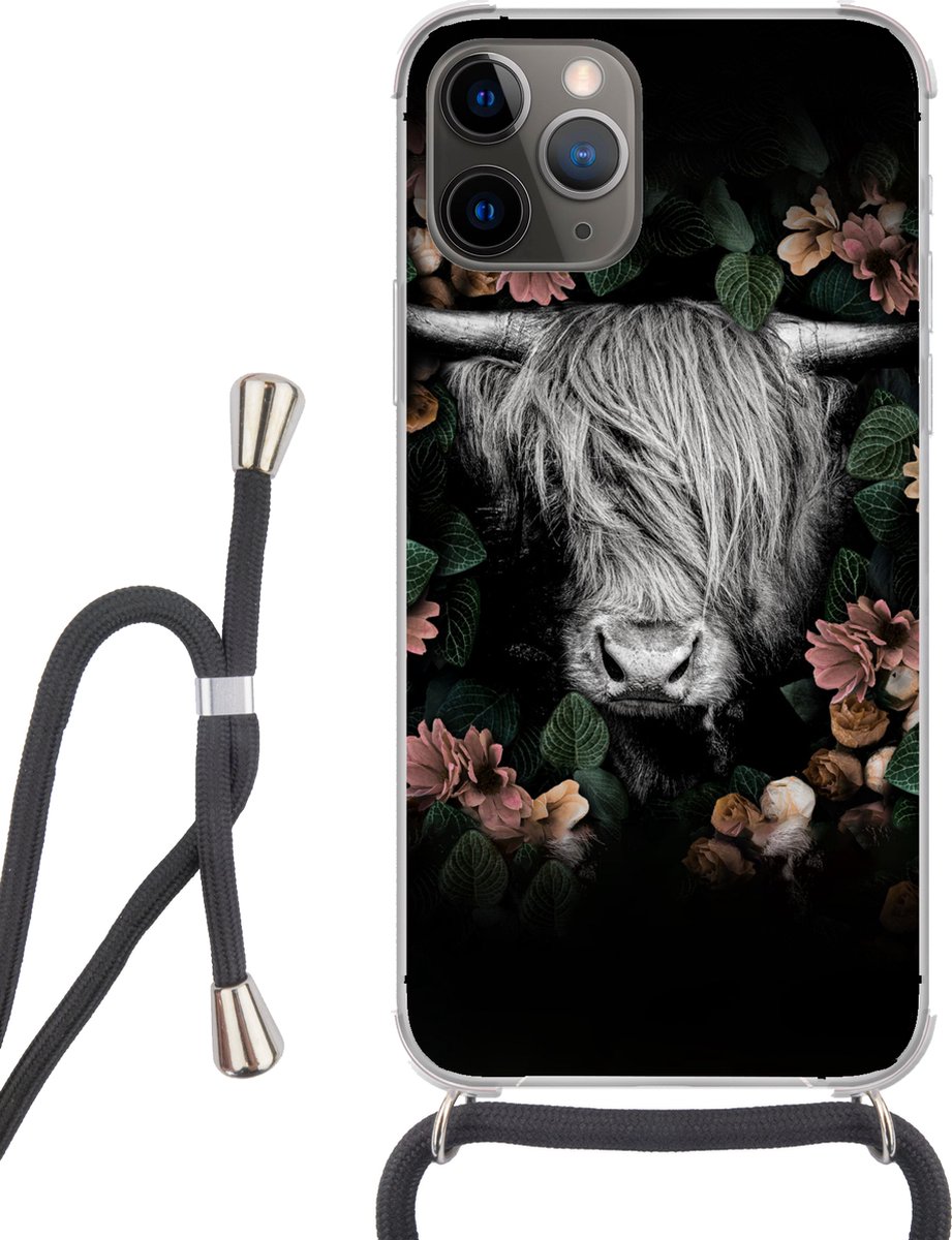 Telefoonhoesje Geschikt voor iPhone 13 Pro - Schotse hooglander - Bloemen - Roze - Siliconen - Crossbody - Backcover met Koord - Telefoonhoesje met koord - Hoesje met touw Telefoonhoesje