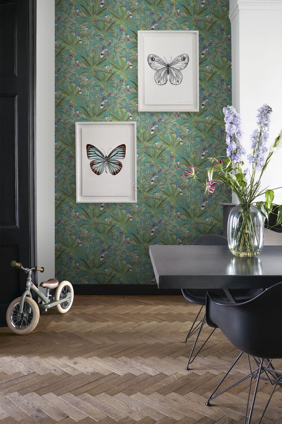 Papier peint ESTAhome feuilles de jungle tropicale et oiseaux de paradis bleu pétrole et vert jungle - 0- 0,53 x 10,05 m