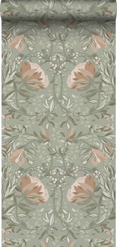 ESTAhome behang vintage bloemen in art nouveau stijl vergrijsd groen en oudroze - 139419 - 0.53 x 10.05 m