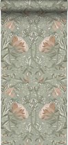 ESTAhome papier peint fleurs vintage vert grisâtre et vieux rose - 139419 - 50 x 900 cm