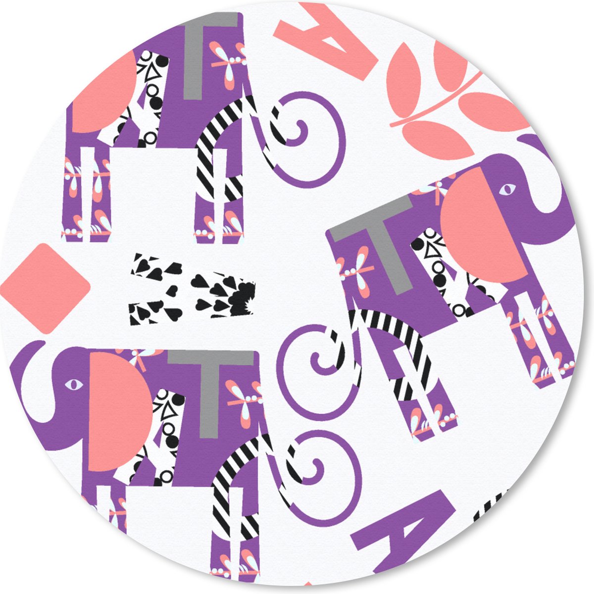 Muismat rond 20x20 cm - Mousepad Olifanten - Bladeren - Paars - Patroon - Ronde muismatten
