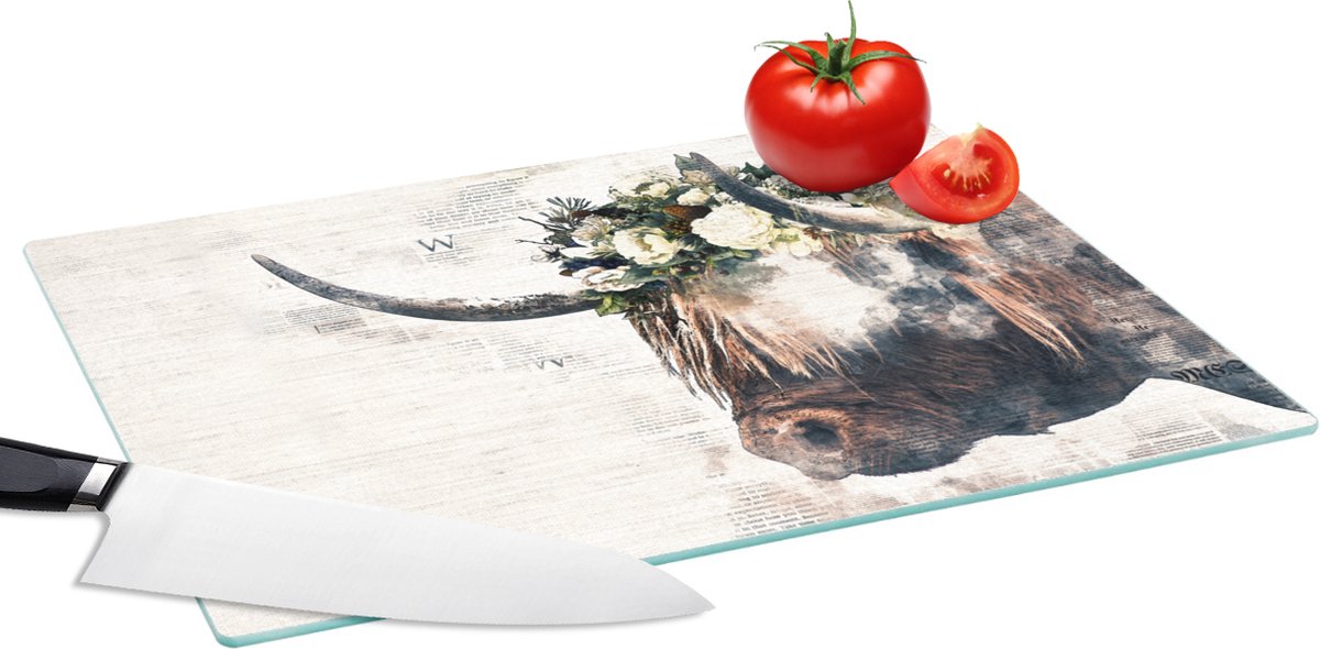 Glazen Snijplank - 39x28 - Schotse hooglander - Rook - Bloemen - Snijplanken Glas