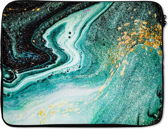 Laptophoes 14 inch - Gouden wereldkaart op een zwarte achtergrond - Laptop sleeve