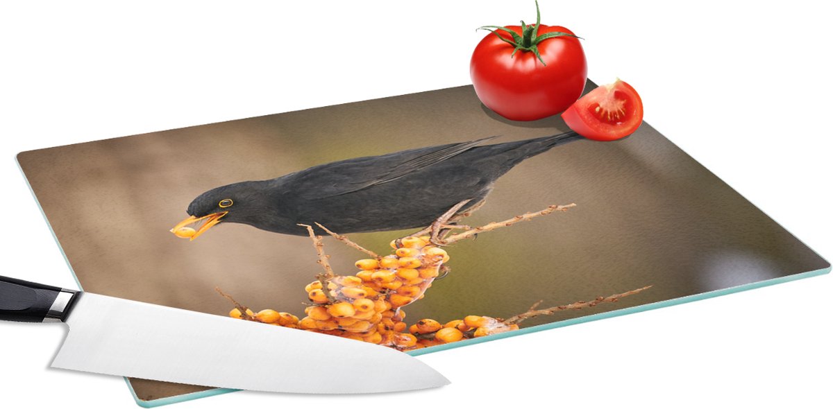 Glazen Snijplank - 39x28 - Vogel - Merel - Winter - IJs - Bes - Snijplanken Glas