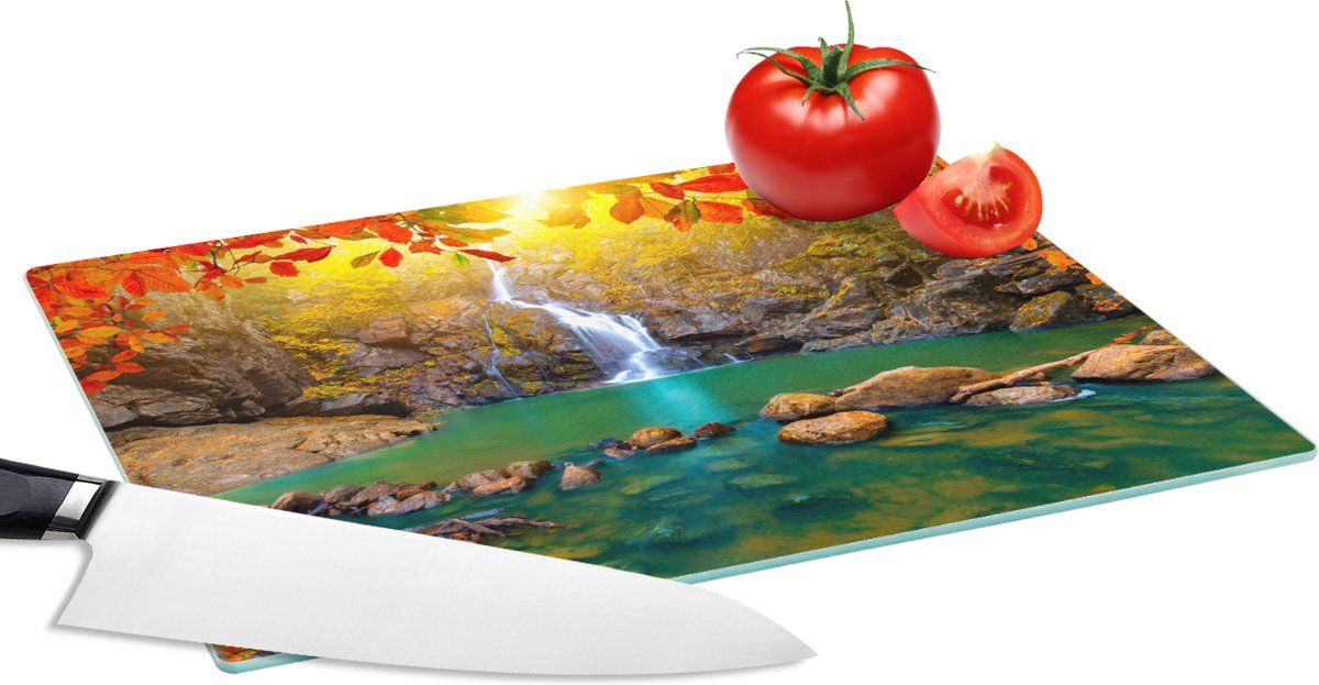 Glazen Snijplank - 28x20 - Stenen - Boom - Waterval - Herfst - Rood - Snijplanken Glas
