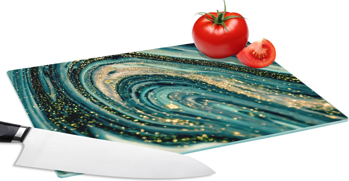 Glazen Snijplank - 28x20 - Marmerlook - Luxe - Goud - Turquoise - Glitter - Snijplanken Glas