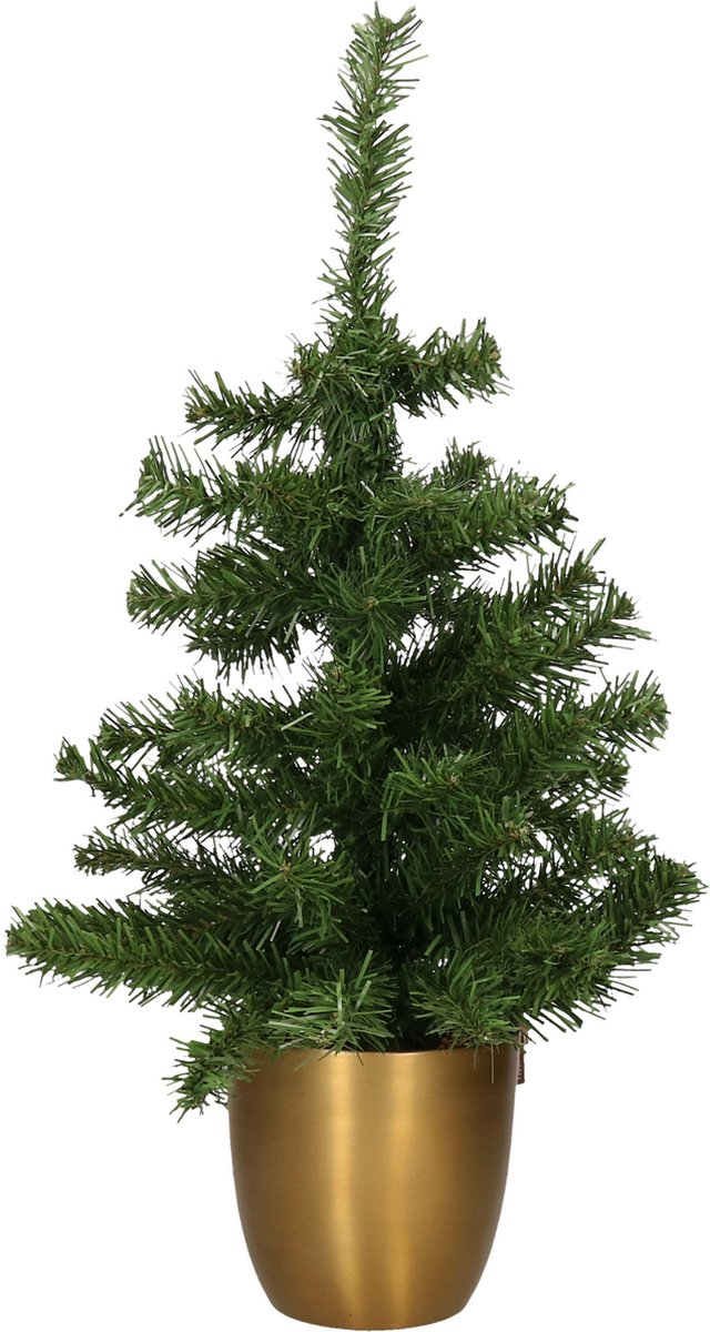 Everlands Kerstboom - kleine kunstkerstboom - H60 cm - met metalen pot goud