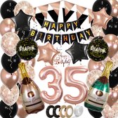 35 Jaar Feest Verjaardag Versiering Confetti Helium Ballonnen Slingers Happy Birthday Rose Goud & Zwart XL SET – 60 Stuks