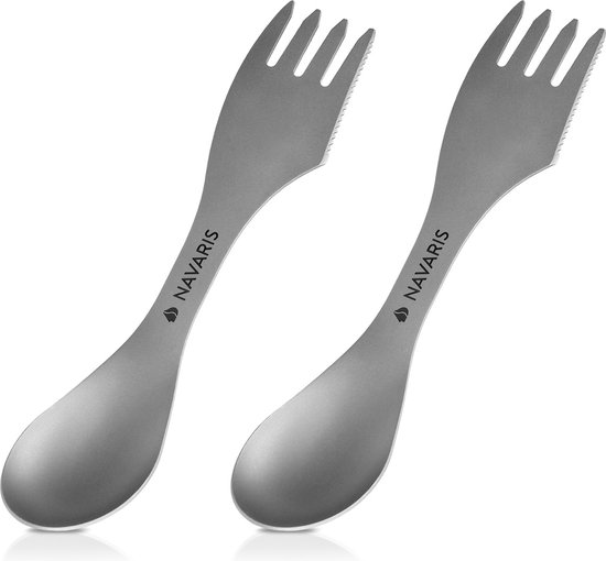 Foto: Navaris 2x spork titanium campingbestek vork mes en lepel in n bestek voor onderweg en op reis lichtgewicht inclusief bewaarzakje