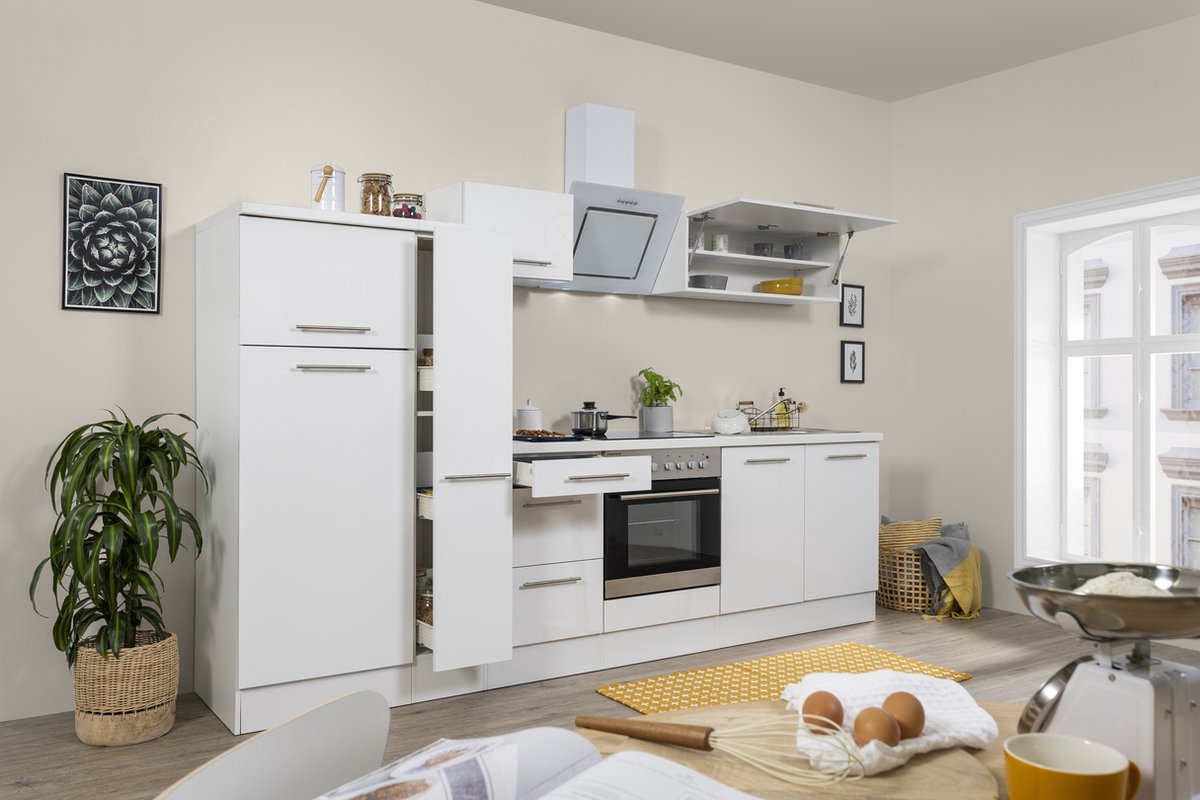 Goedkope keuken 300 cm - complete keuken met apparatuur Amanda - Wit/Wit - soft close - keramische kookplaat - afzuigkap - oven - spoelbak