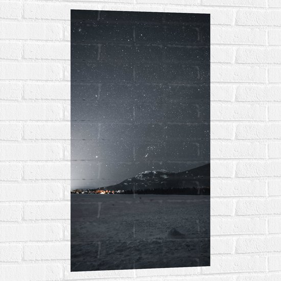 WallClassics - Muursticker - Sterrenhemel boven Sneeuwlandschap - 50x100 cm Foto op Muursticker